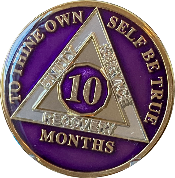 1 2 3 4 5 6 7 8 9 10 11 or 18 Month AA Medallion Metallic Purple Tri-Plate Sobriety Chip