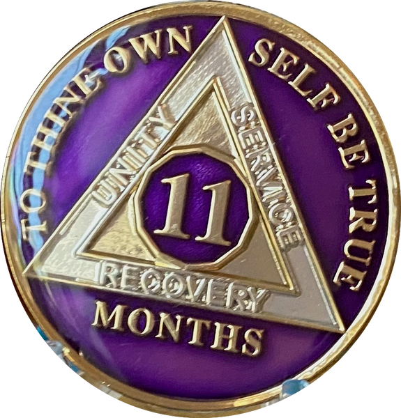 1 2 3 4 5 6 7 8 9 10 11 or 18 Month AA Medallion Metallic Purple Tri-Plate Sobriety Chip