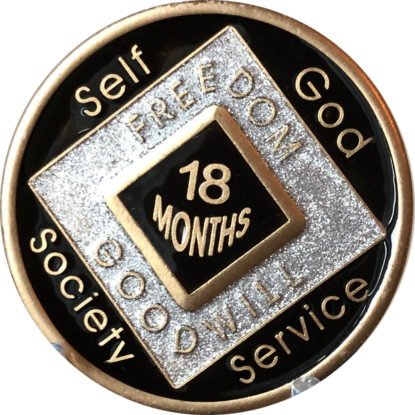 Offical NA Tri-Plate Black Silver & Gold Color Narcotics Anonymous Medallions 18 Month Year 1 - 50 - RecoveryChip