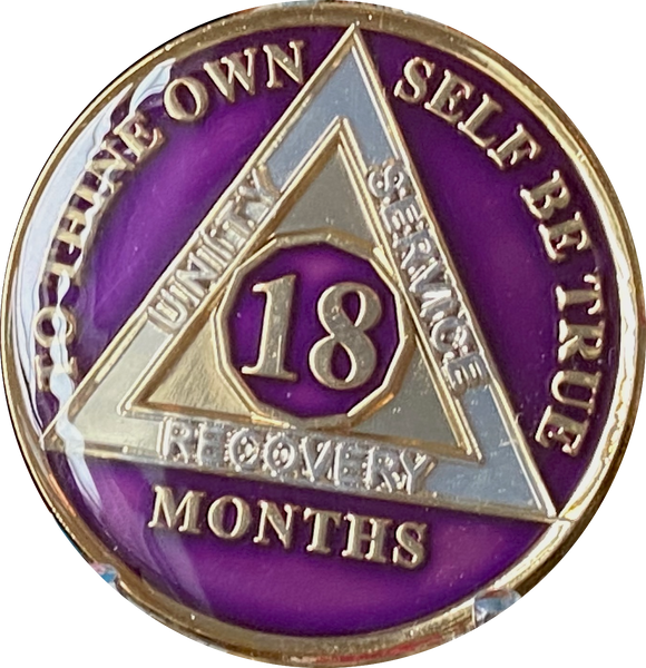 1 2 3 4 5 6 7 8 9 10 11 or 18 Month AA Medallion Metallic Purple Tri-Plate Sobriety Chip