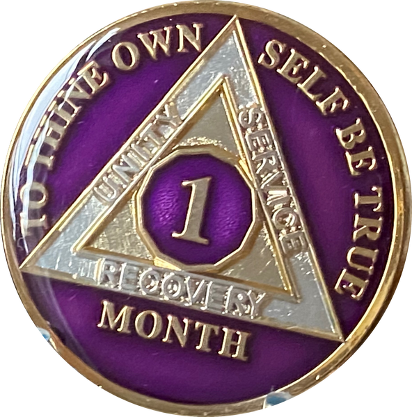 1 2 3 4 5 6 7 8 9 10 11 or 18 Month AA Medallion Metallic Purple Tri-Plate Sobriety Chip
