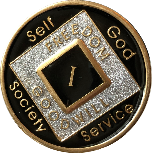 Offical NA Tri-Plate Black Silver & Gold Color Narcotics Anonymous Medallions 18 Month Year 1 - 50 - RecoveryChip