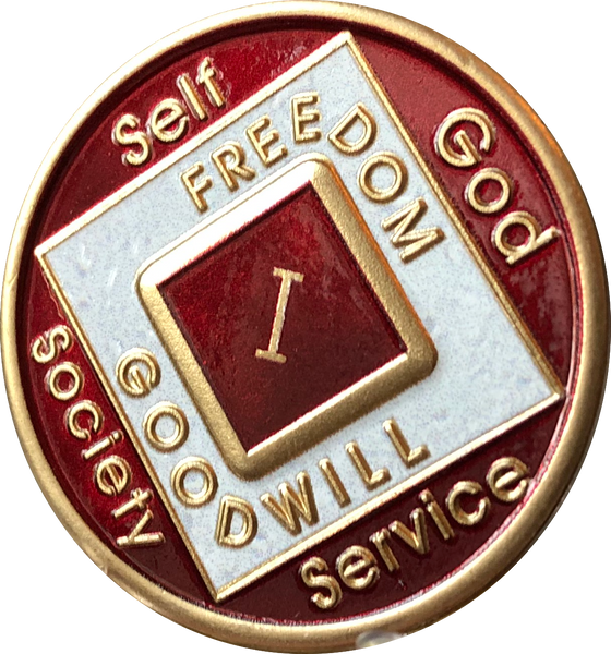 Offical NA Triplate Red & White Color Narcotics Anonymous Medallion 18 Month Year 1 - 50 - RecoveryChip