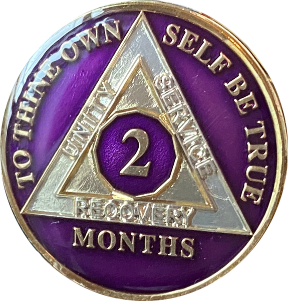1 2 3 4 5 6 7 8 9 10 11 or 18 Month AA Medallion Metallic Purple Tri-Plate Sobriety Chip