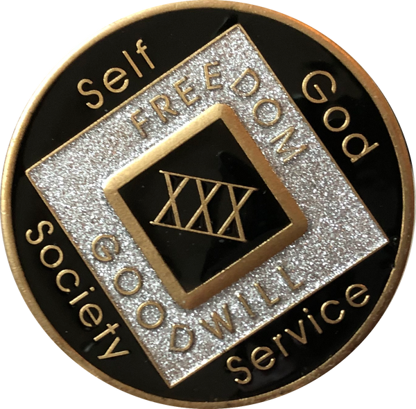 Offical NA Tri-Plate Black Silver & Gold Color Narcotics Anonymous Medallions 18 Month Year 1 - 50 - RecoveryChip