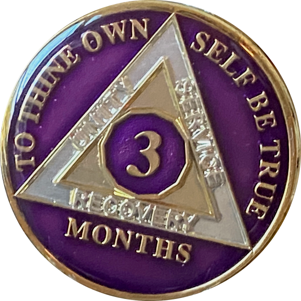 1 2 3 4 5 6 7 8 9 10 11 or 18 Month AA Medallion Metallic Purple Tri-Plate Sobriety Chip