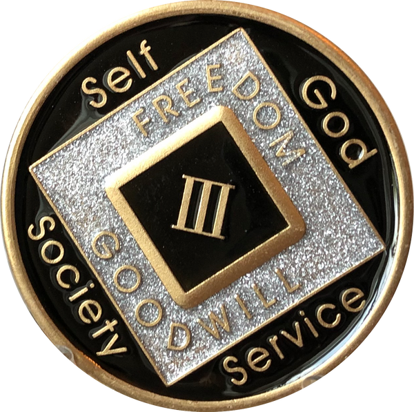 Offical NA Tri-Plate Black Silver & Gold Color Narcotics Anonymous Medallions 18 Month Year 1 - 50 - RecoveryChip
