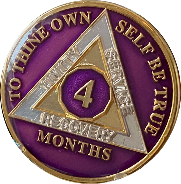 1 2 3 4 5 6 7 8 9 10 11 or 18 Month AA Medallion Metallic Purple Tri-Plate Sobriety Chip