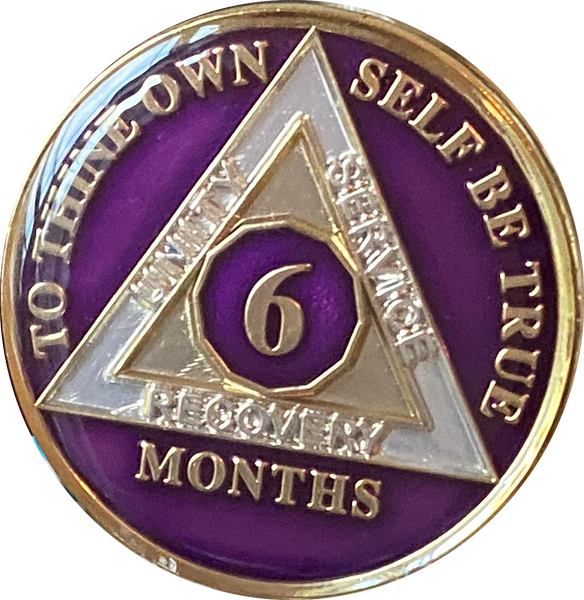 1 2 3 4 5 6 7 8 9 10 11 or 18 Month AA Medallion Metallic Purple Tri-Plate Sobriety Chip