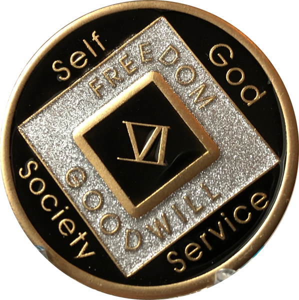 Offical NA Tri-Plate Black Silver & Gold Color Narcotics Anonymous Medallions 18 Month Year 1 - 50 - RecoveryChip