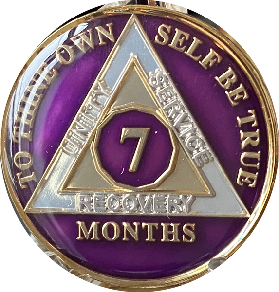 1 2 3 4 5 6 7 8 9 10 11 or 18 Month AA Medallion Metallic Purple Tri-Plate Sobriety Chip