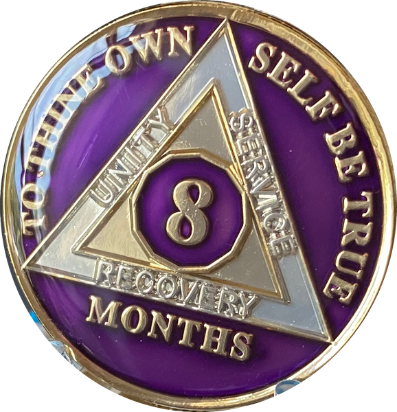 1 2 3 4 5 6 7 8 9 10 11 or 18 Month AA Medallion Metallic Purple Tri-Plate Sobriety Chip