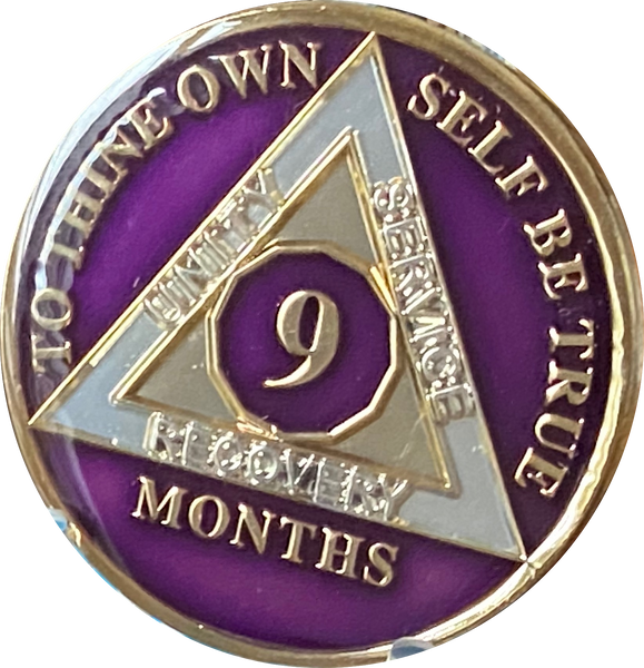 1 2 3 4 5 6 7 8 9 10 11 or 18 Month AA Medallion Metallic Purple Tri-Plate Sobriety Chip