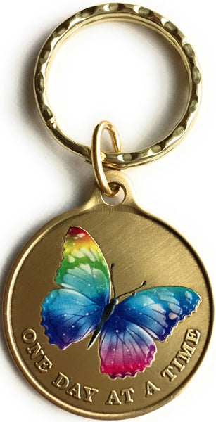 Color Rainbow Butterfly One Day At A Time Keychain Serenity Prayer Bronze - RecoveryChip