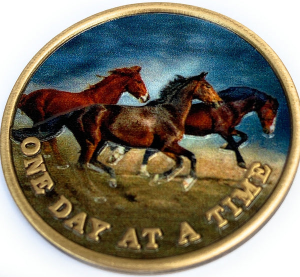 Brown Horses Galloping One Day At A Time Color Serenity Prayer Medallion Coin