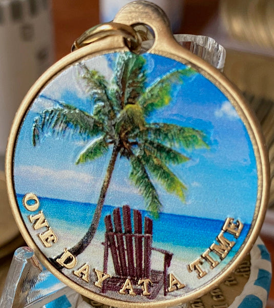 Tropical Beach Chair Palm Tree Color One Day At A Time Serenity Prayer Keychain