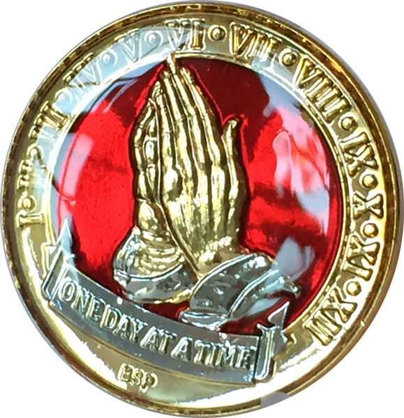 One Day At A Time Praying Hands Mandarin Red & Gold Plated Nickel Tri-Plated AA Alcoholics Anonymous Medallion Sobriety Chip Years 1 2 3 4 5 6 7 8 9 10 11 12 Year 1-12 BSP - RecoveryChip