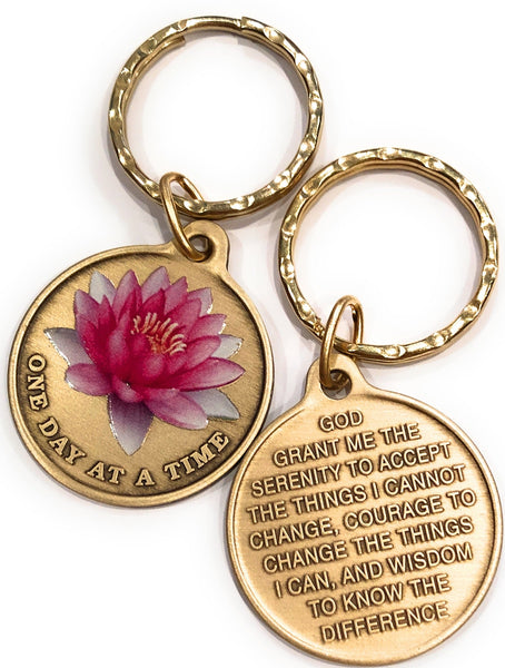 Pink Lotus Flower One Day At A Time Keychain With Serenity Prayer - RecoveryChip