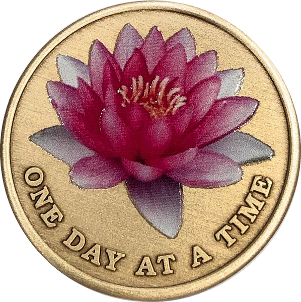 Pink Lotus Flower One Day At A Time Medallion With Serenity Prayer - RecoveryChip