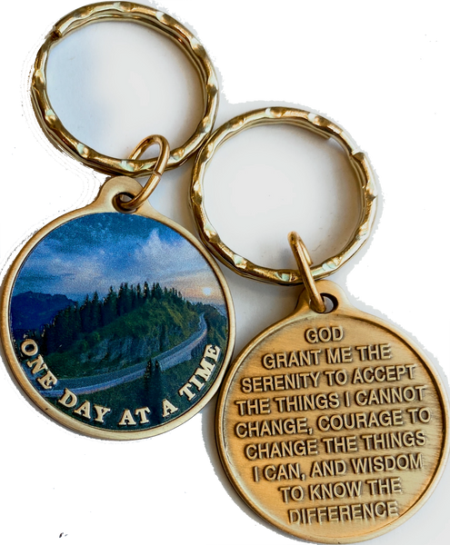 Mountain Winding Road One Day At A Time Keychain With Serenity Prayer