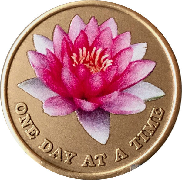 Pink Lotus Flower One Day At A Time Medallion With Serenity Prayer - RecoveryChip