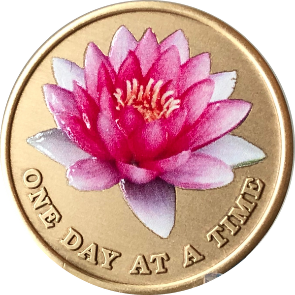 Pink Lotus Flower One Day At A Time Medallion With Serenity Prayer - RecoveryChip