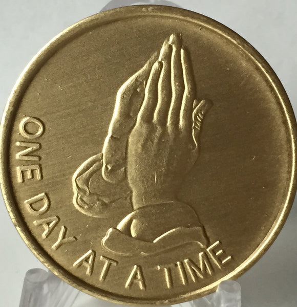 Praying Hands One Day At A Time Serenity Prayer Bronze Sobriety Medallion Chip Coin - RecoveryChip