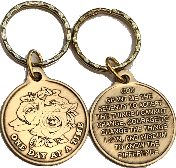 Rose One Day At A Time Bronze Sobriety Keychain AA NA - RecoveryChip