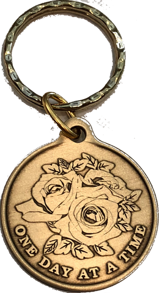 Rose One Day At A Time Bronze Sobriety Keychain AA NA - RecoveryChip