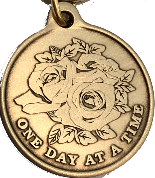 Rose One Day At A Time Bronze Sobriety Keychain AA NA - RecoveryChip