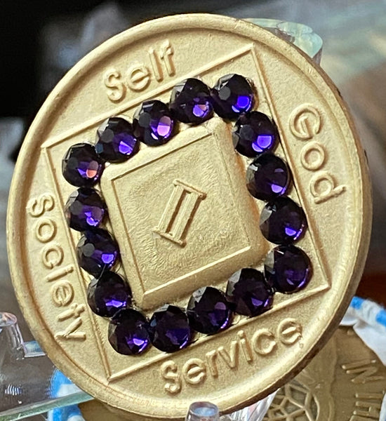 2 Year Official NA Sobriety Chip Purple Velvet Swarovski Crystal Bronze Medallion