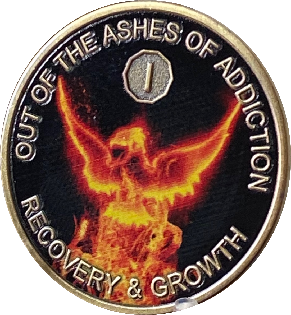 1 Year Out Of The Ashes Of Addiction Phoenix Flames Medallion Serenity Prayer Back