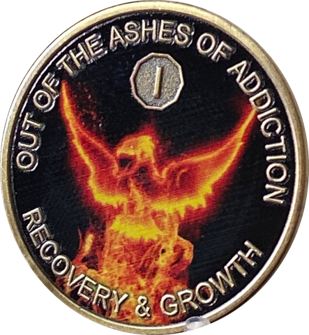 1 Year Out Of The Ashes Of Addiction Phoenix Flames Medallion Serenity Prayer Back