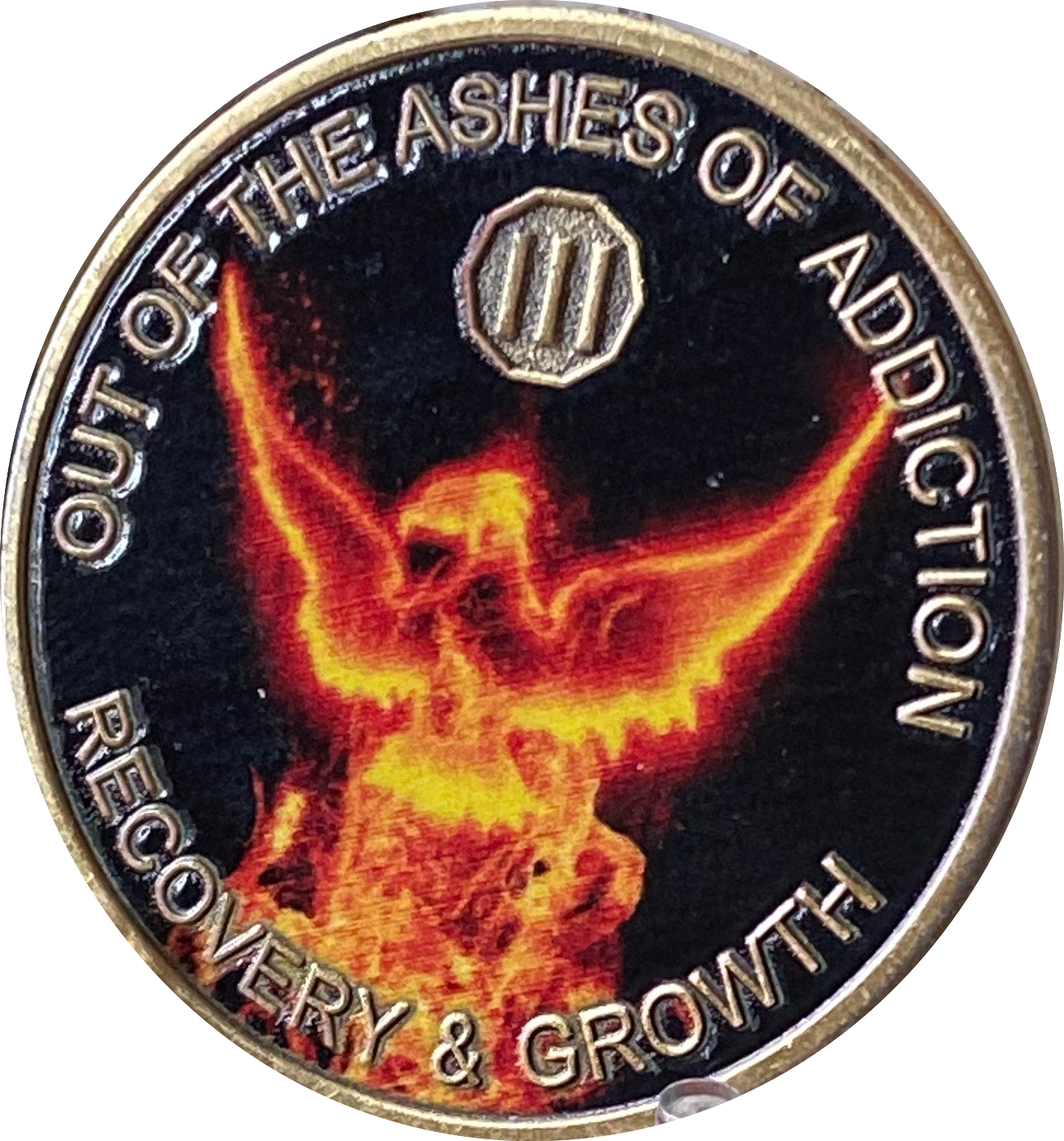 3 Year Out Of The Ashes Of Addiction Phoenix Flames Medallion Serenity Prayer Back