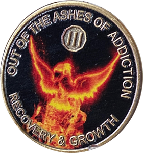 3 Year Out Of The Ashes Of Addiction Phoenix Flames Medallion Serenity Prayer Back