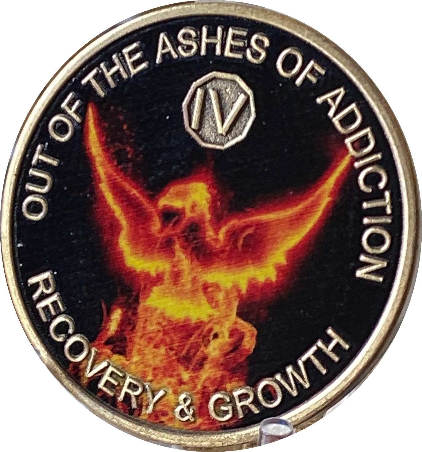 4 Year Out Of The Ashes Of Addiction Phoenix Flames Medallion Serenity Prayer Back