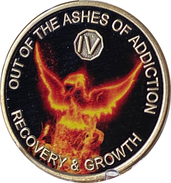 4 Year Out Of The Ashes Of Addiction Phoenix Flames Medallion Serenity Prayer Back