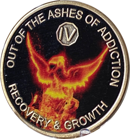 4 Year Out Of The Ashes Of Addiction Phoenix Flames Medallion Serenity Prayer Back