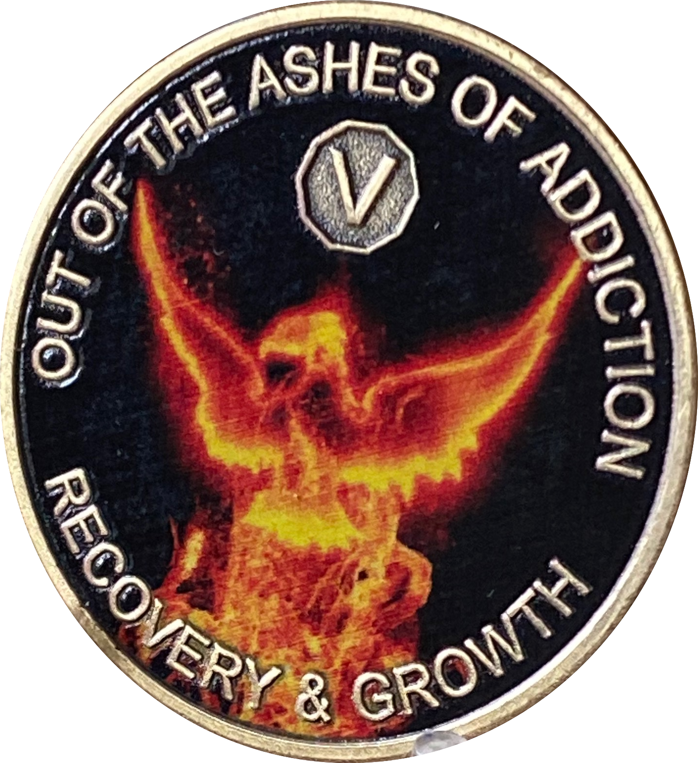 5 Year Out Of The Ashes Of Addiction Phoenix Flames Medallion Serenity Prayer Back