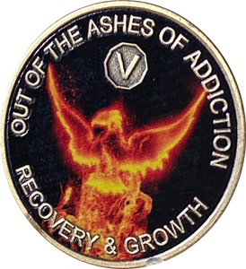 5 Year Out Of The Ashes Of Addiction Phoenix Flames Medallion Serenity Prayer Back