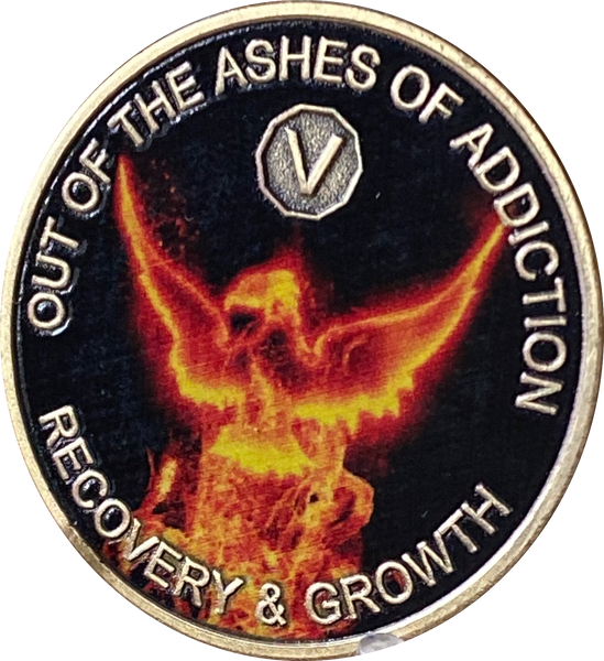 5 Year Out Of The Ashes Of Addiction Phoenix Flames Medallion Serenity Prayer Back