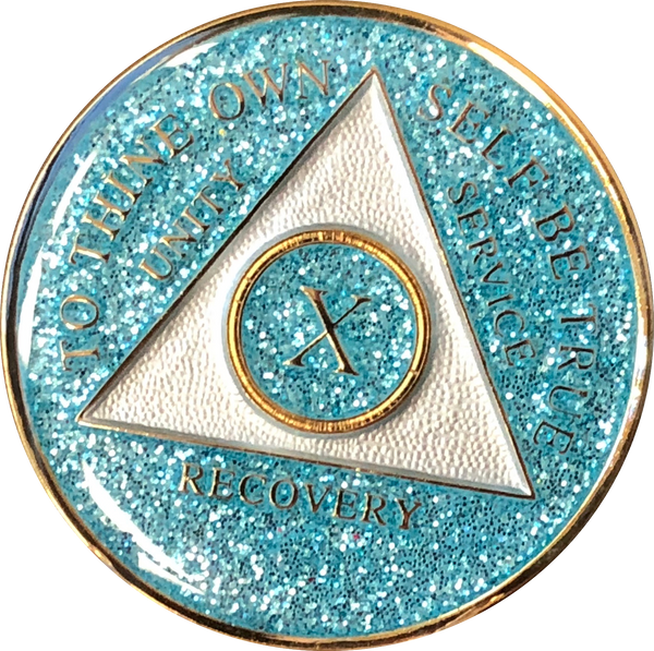 AA Medallion Aqua Blue Glitter Tri-Plate Sobriety Chip Year 1 - 45 - RecoveryChip