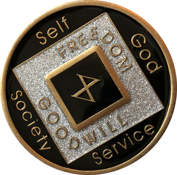 Offical NA Tri-Plate Black Silver & Gold Color Narcotics Anonymous Medallions 18 Month Year 1 - 50 - RecoveryChip