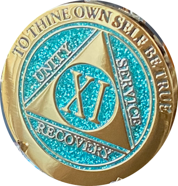 1 - 15 Year AA Medallion Elegant Glitter Aqua Turquoise Gold & Silver Plated Sobriety Chip