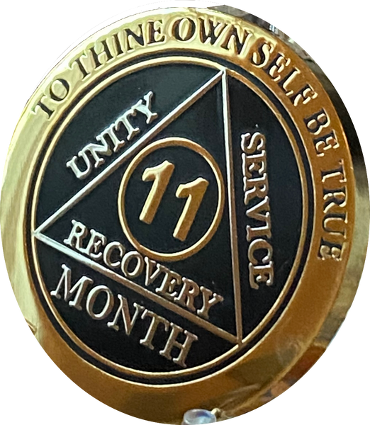 1 2 3 4 5 6 7 8 9 10 11 or 18 Month AA Medallion Elegant Black Gold and Silver Plated Sobriety Chip