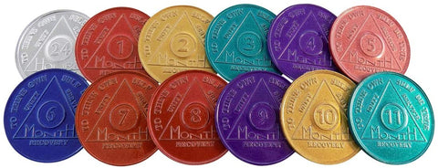 Set of 12 Aluminum AA Medallions Month 1 2 3 4 5 6 7 8 9 10 11 and 24 Hours