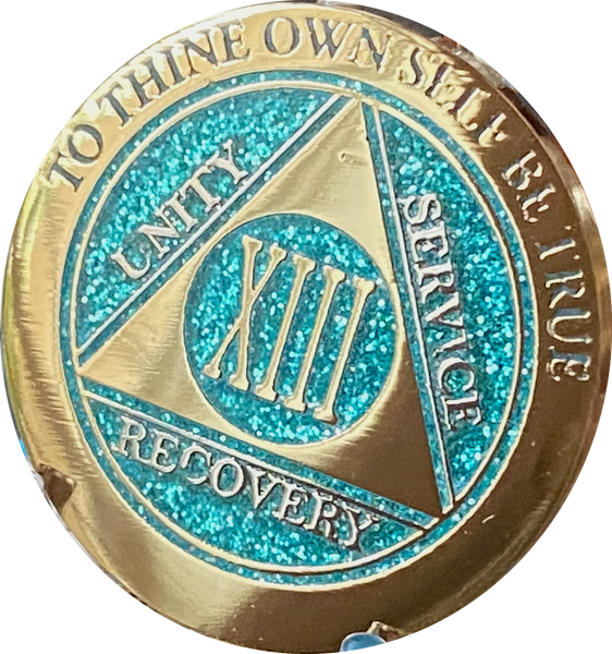1 - 15 Year AA Medallion Elegant Glitter Aqua Turquoise Gold & Silver Plated Sobriety Chip