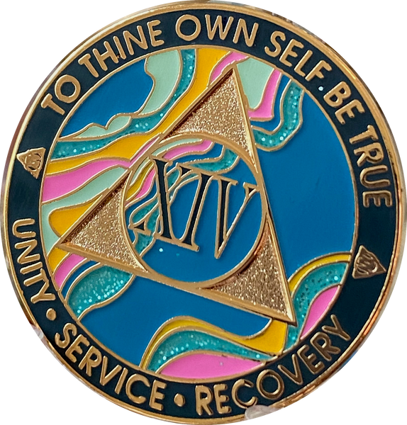 1 - 35 Year AA Medallion Elegant Tahiti Teal Blue and Pink Marble Gold Sobriety Chip