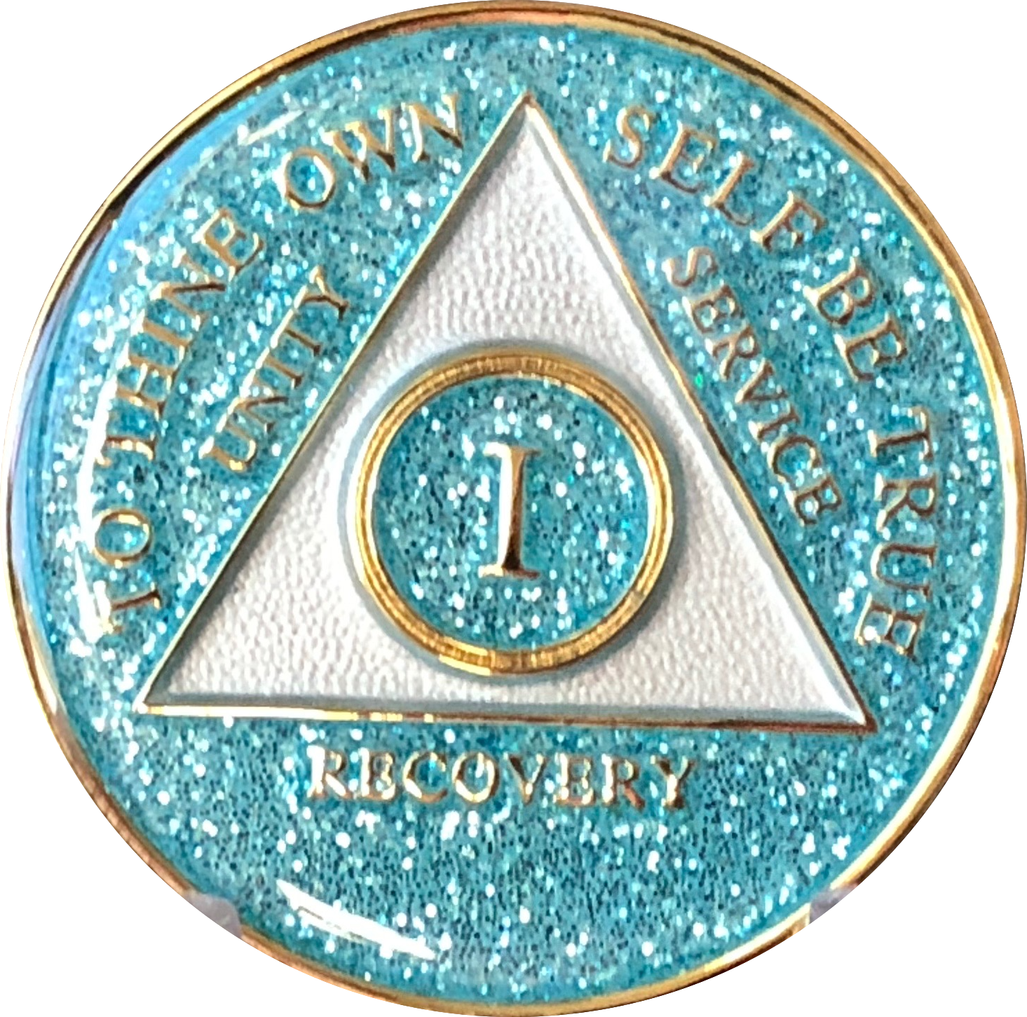 AA Medallion Aqua Blue Glitter Tri-Plate Sobriety Chip Year 1 - 45 - RecoveryChip