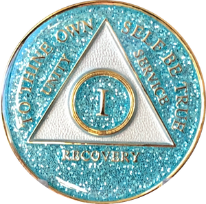 AA Medallion Aqua Blue Glitter Tri-Plate Sobriety Chip Year 1 - 45 - RecoveryChip